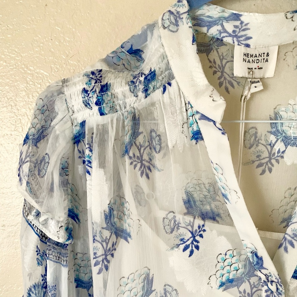 HEMANT AND NANDITA Blue/White Boho Top With Camisole Size Large $275 - Picture 7 of 16